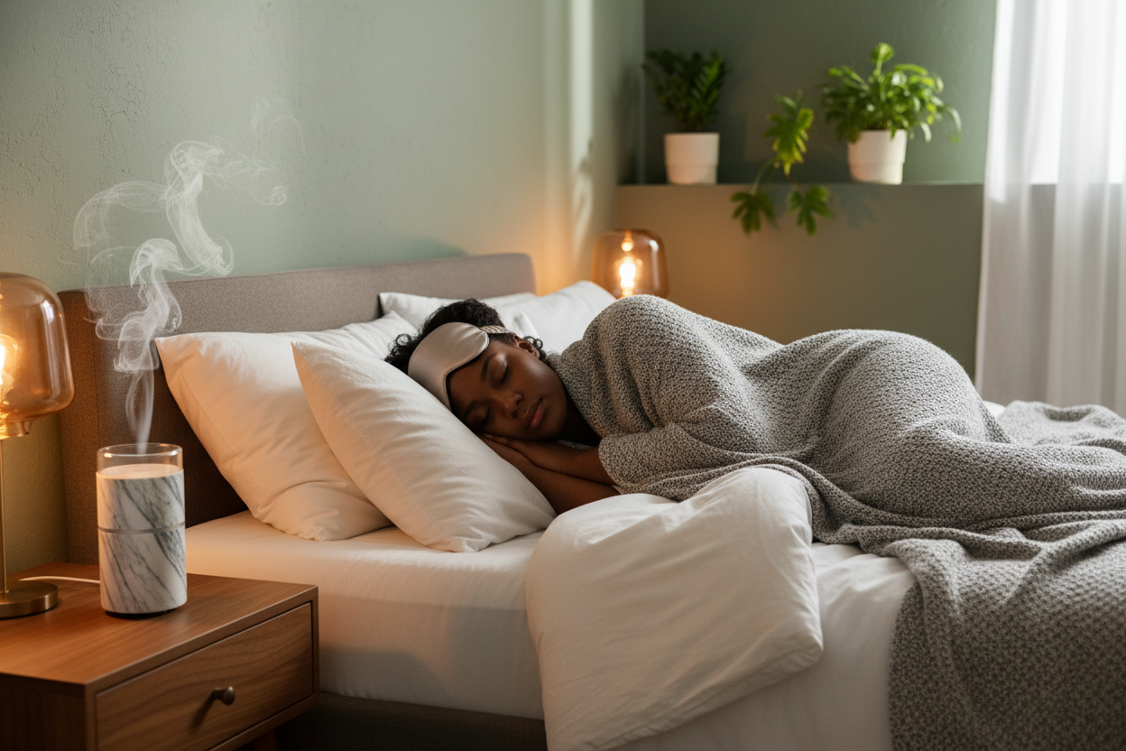 Create a black woman sleeping in a cozy bedroom setting with a gray and white marble glass diffuser blowing on her night stand 