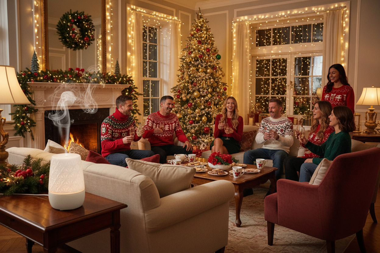 Create a holiday party with a diffuser blowing in the background 