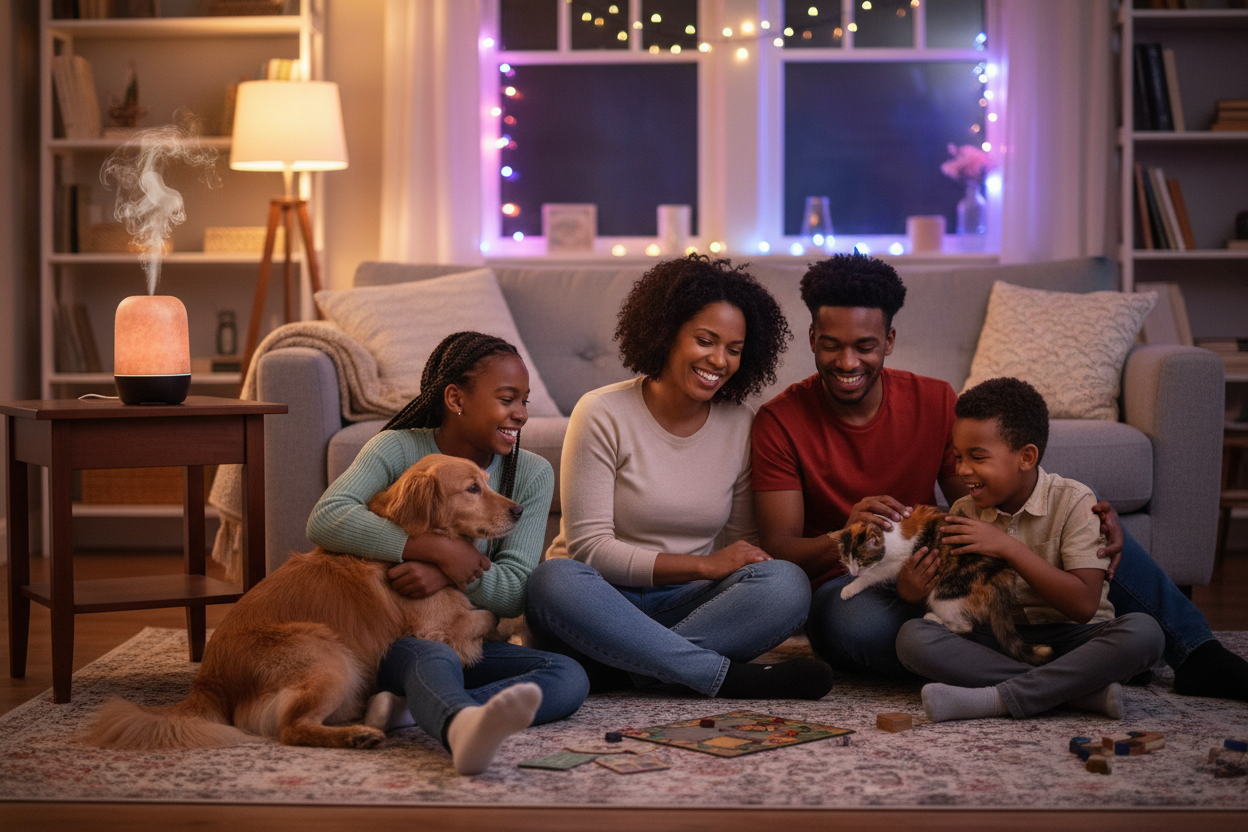 Create an image of a black family with children and their pets sitting on their living room floor slightly lite with some color and a small metal diffuser blowing on an end table near by 