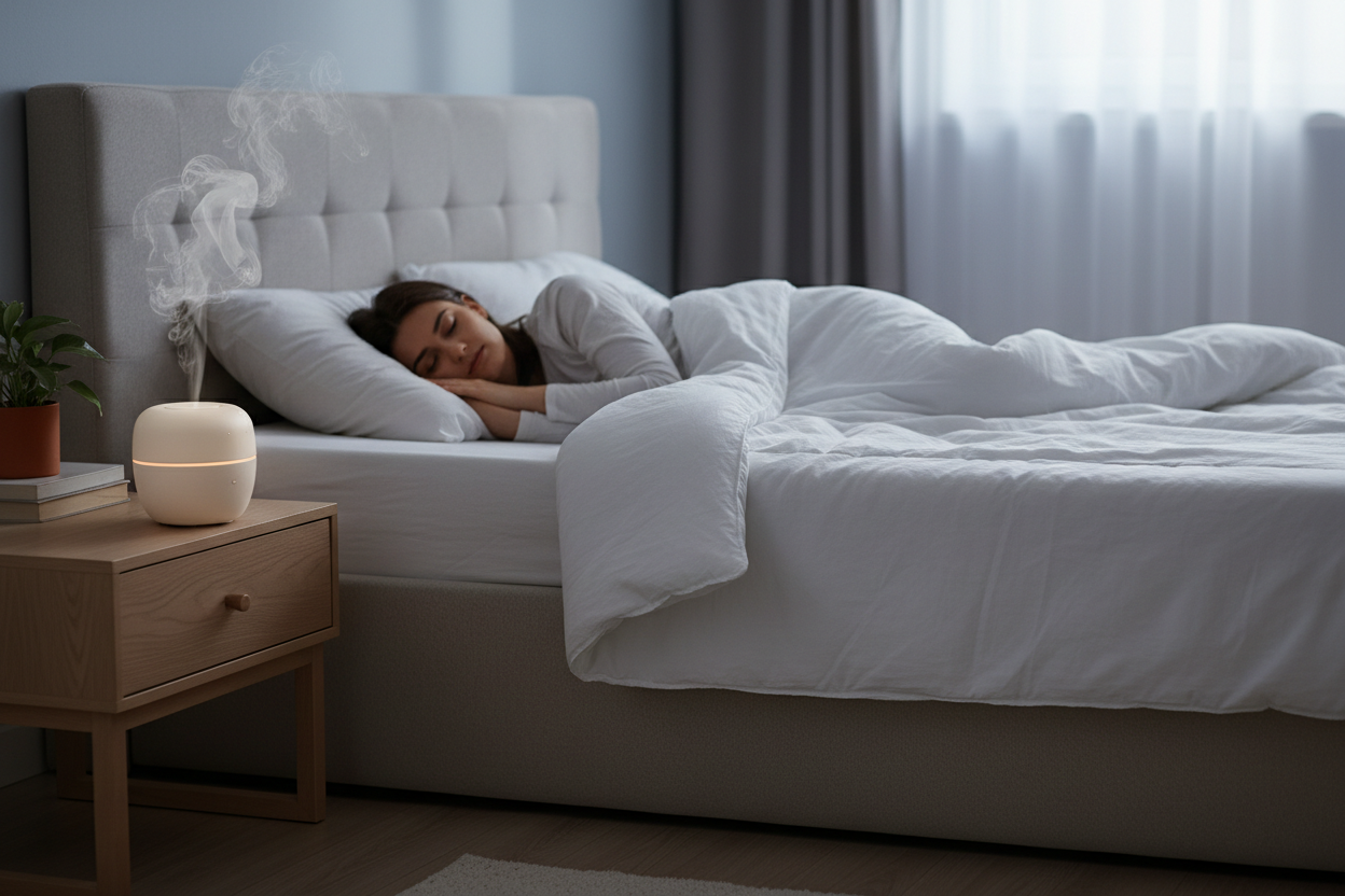 Generate a person sleeping in the bed with a small diffuser blower on the nightstand beside the bed 